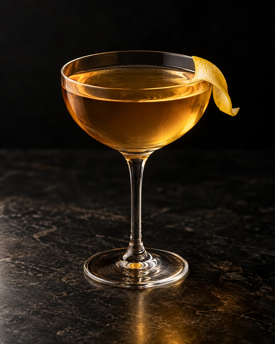 Bobby Bruins: Clear golden cocktail in a small coupe without ice, with a lemon twist.