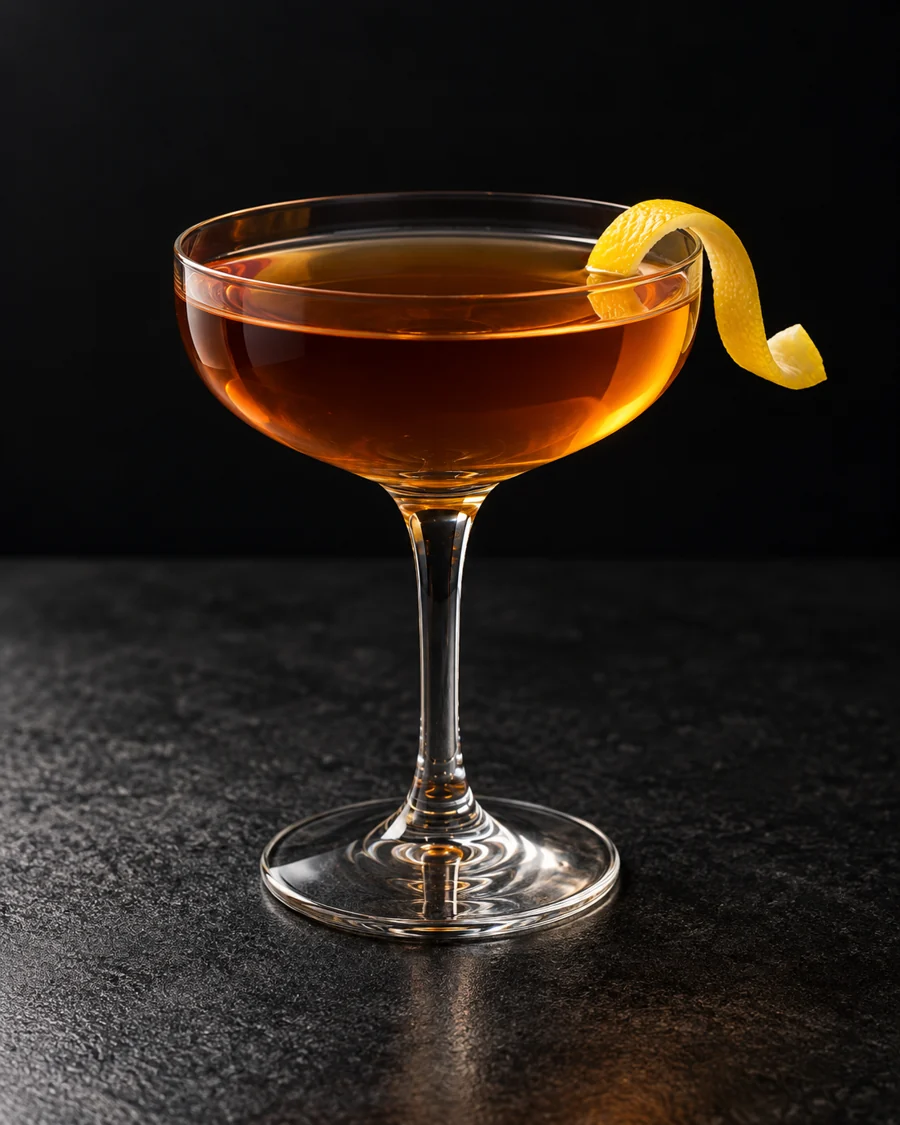 Clear amber cocktail in a coupe with a lemon twist and no ice.