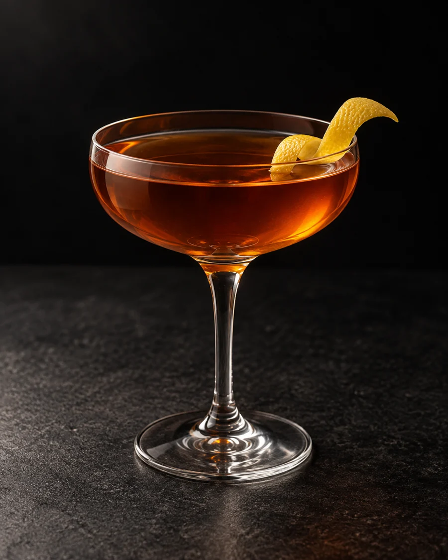 clear deep amber Bobby Ewing in a coupe with lemon twist, no ice.