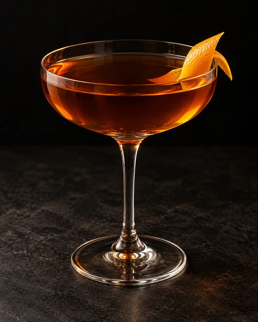 Bonal & Rye in a coupe, served without ice, garnished with orange peel, against a black background.