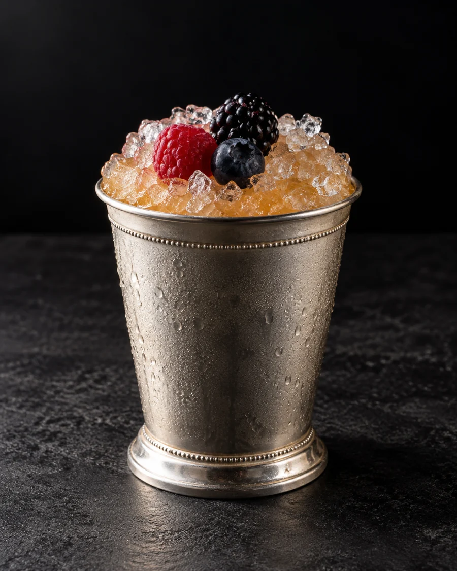 cloudy amber Bonal Cobbler over crushed ice in a julep cup with three fresh berries.