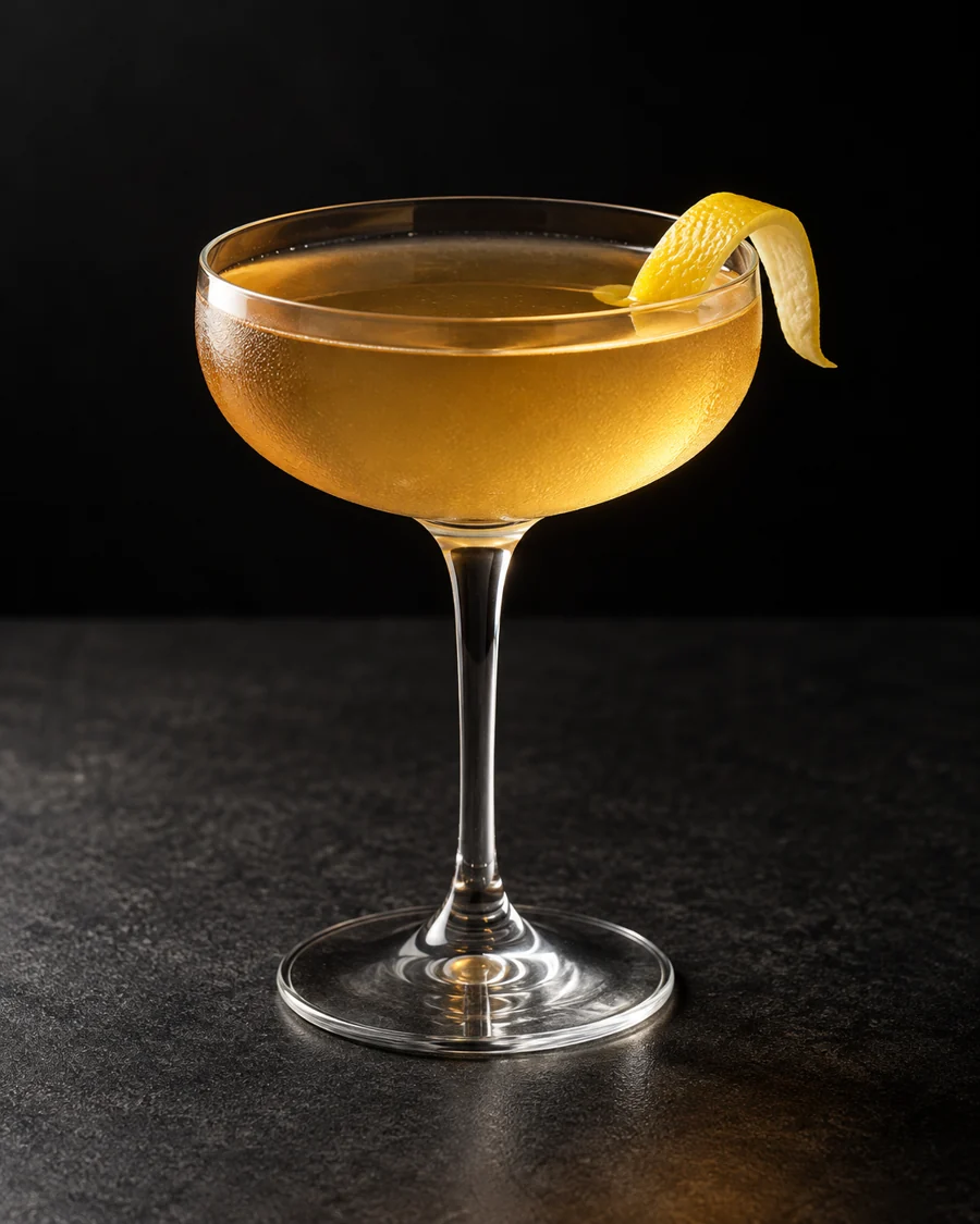 clear to lightly hazy golden Boomerang Cocktail in a coupe with lemon twist, no ice.