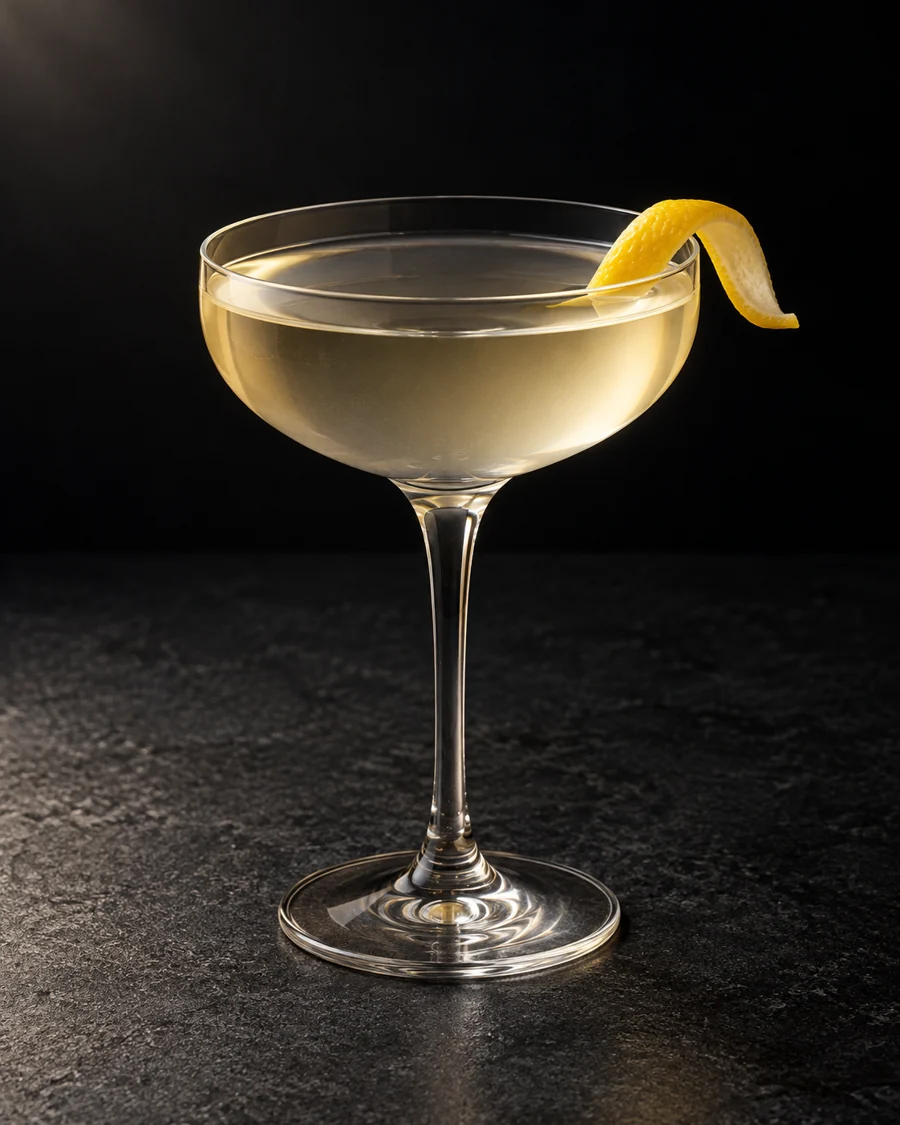 clear very pale straw Bordeaux Cocktail in a coupe with lemon twist, no ice.