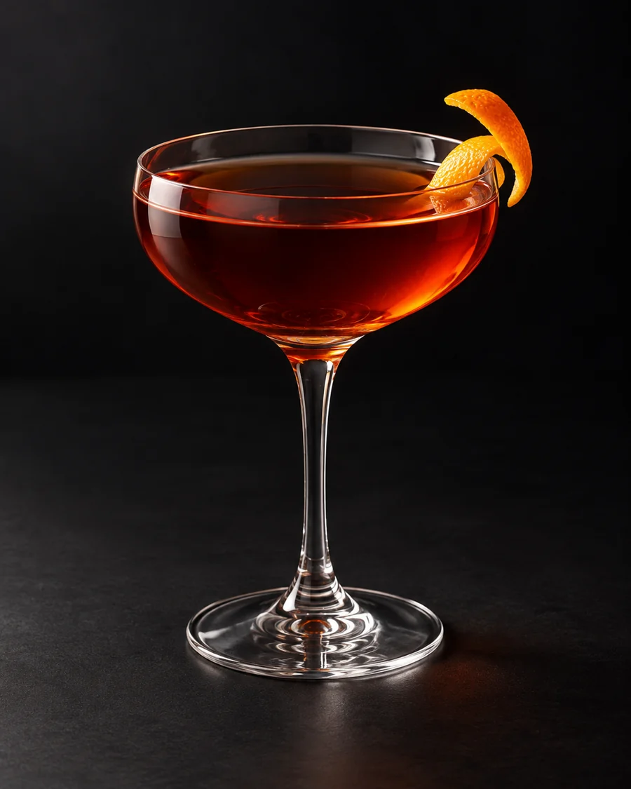 Boulevardier served in a coupe glass with an orange twist against a black background.