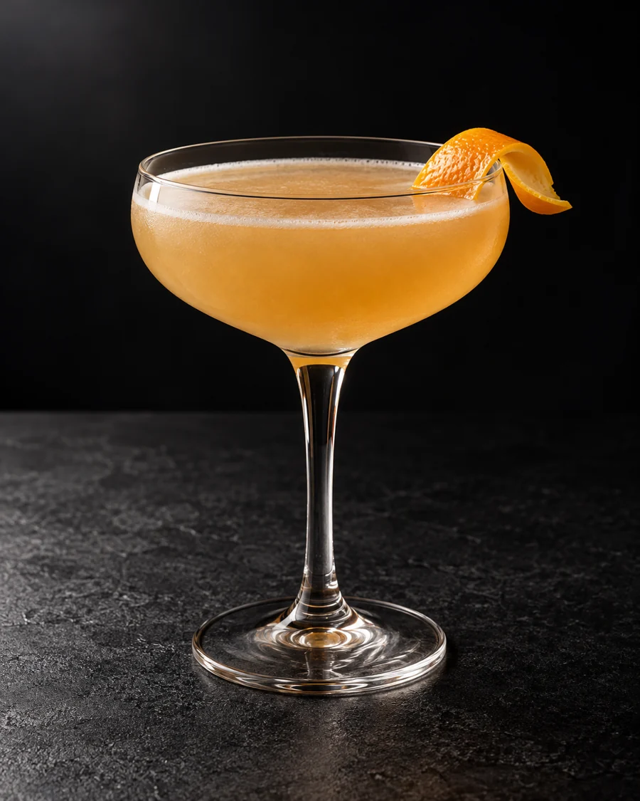 pale cloudy amber Bourbon Crusta in a coupe with orange twist, no ice.