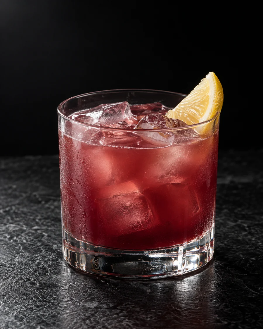 Cloudy reddish-purple cocktail in a rocks glass over cubed ice with a lemon wedge.