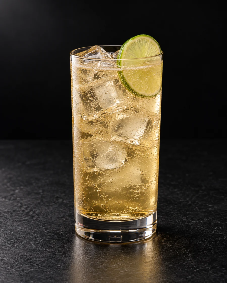 Pale golden bubbly highball over cubed ice with a lime wheel.