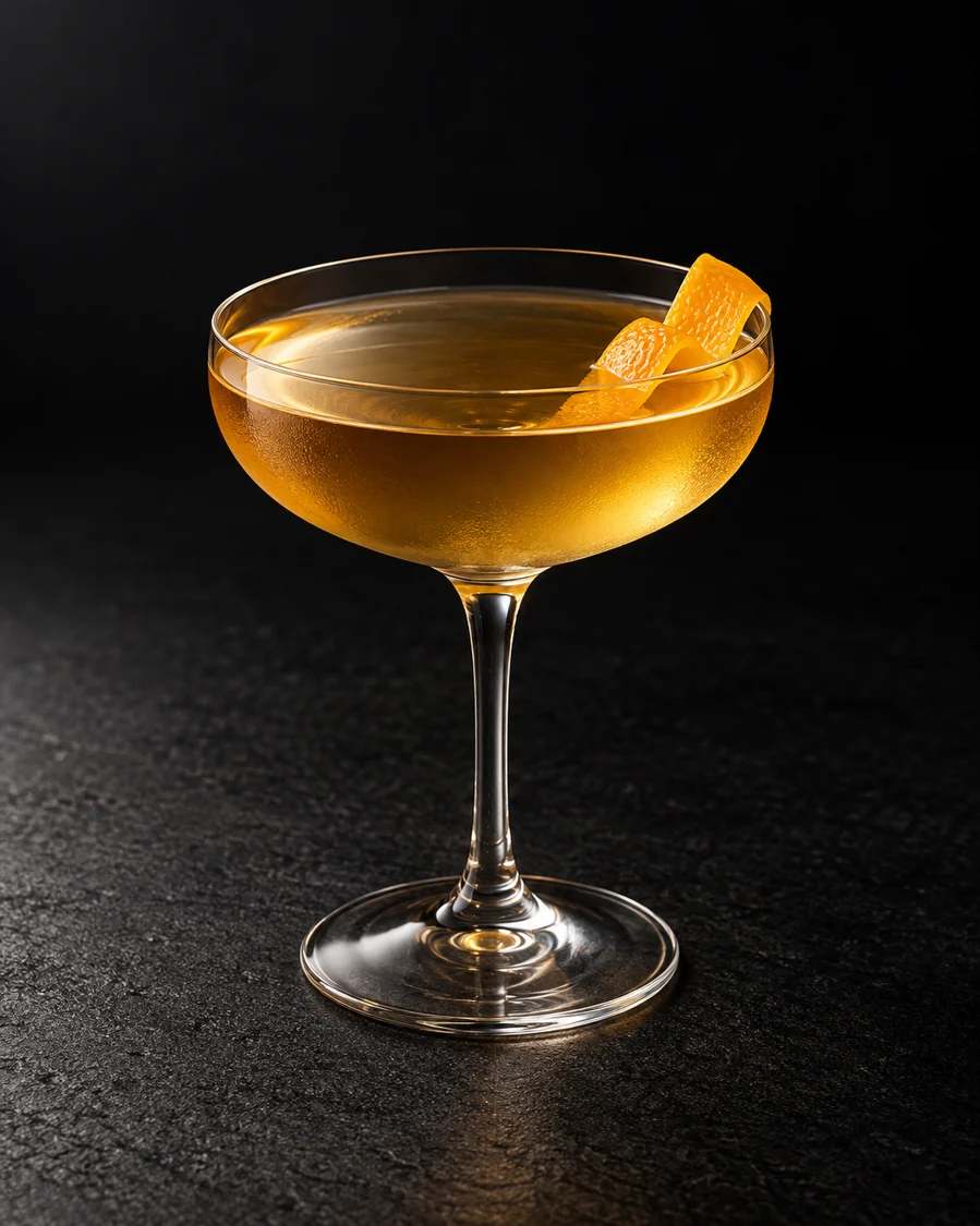 clear golden Brainstorm in a coupe with orange twist, no ice.