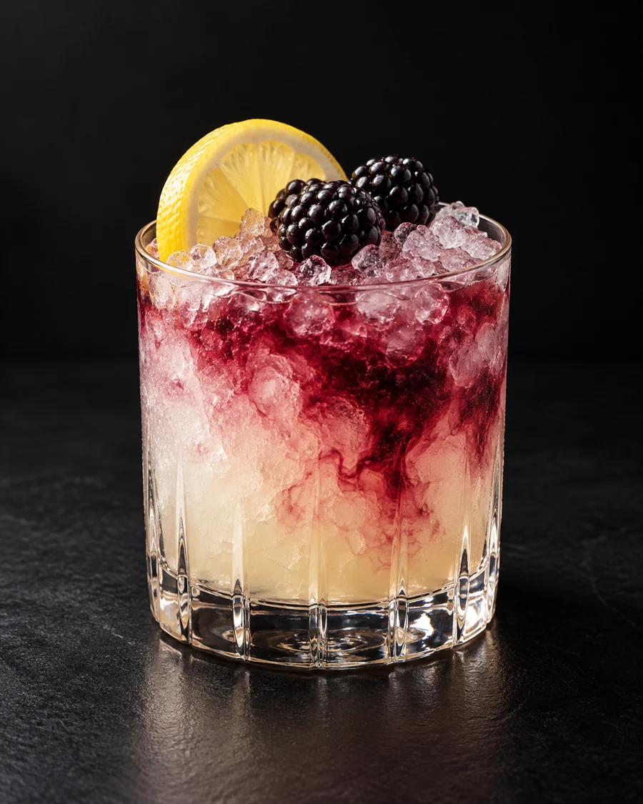 Bramble served in a rocks glass with a lemon slice and two blackberries against a black background.