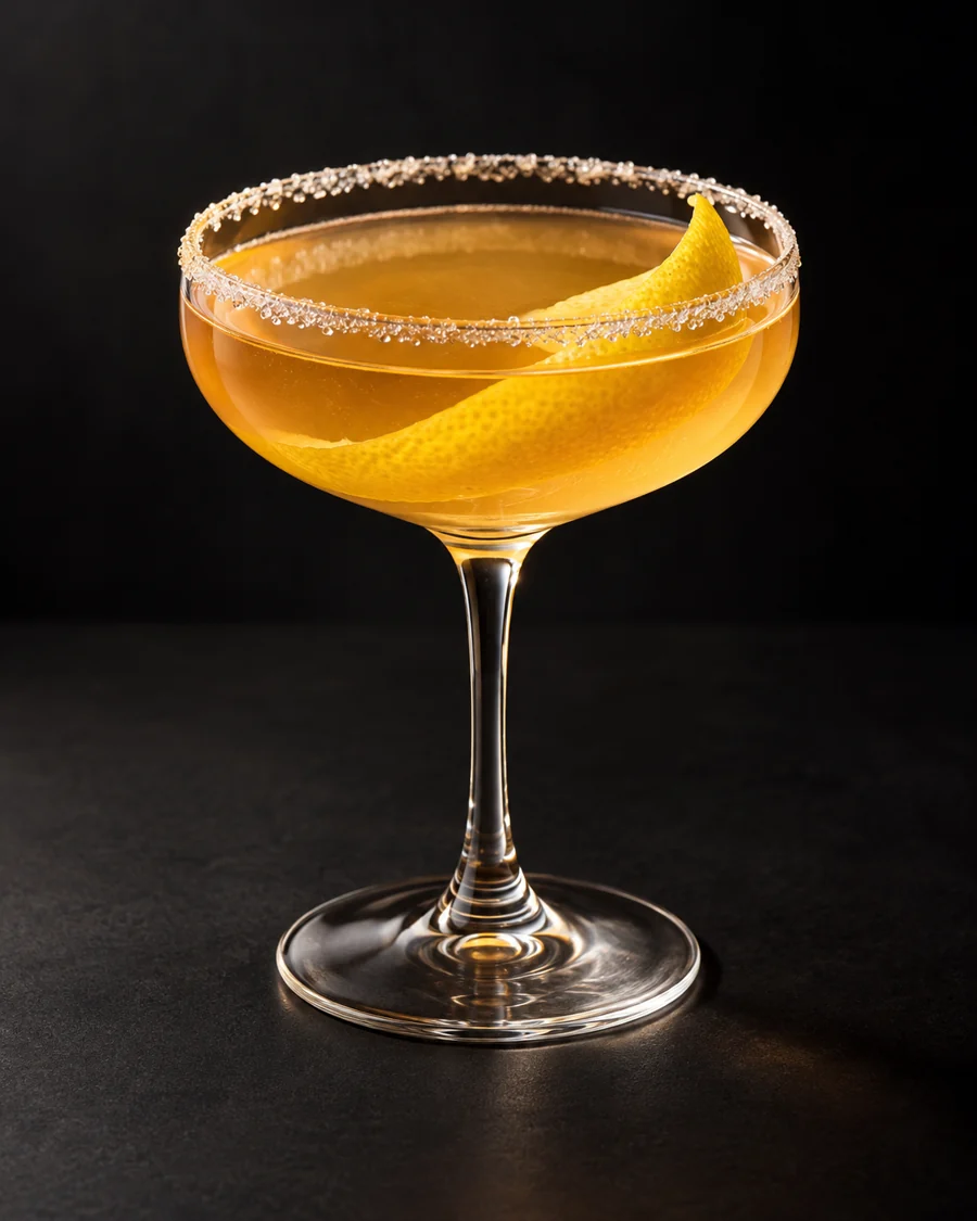 Brandy Crusta served in a coupe glass with a broad lemon peel inside a lightly sugared rim against a black background.
