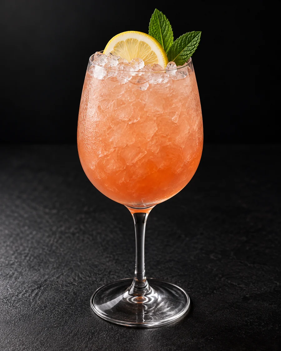 Pinkish-orange cocktail over crushed ice in a wine glass, lemon slice and green mint leaves.