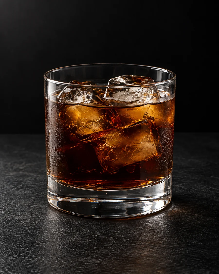 Clear dark coffee-brown Brave Bull over ice cubes in a rocks glass, no garnish.