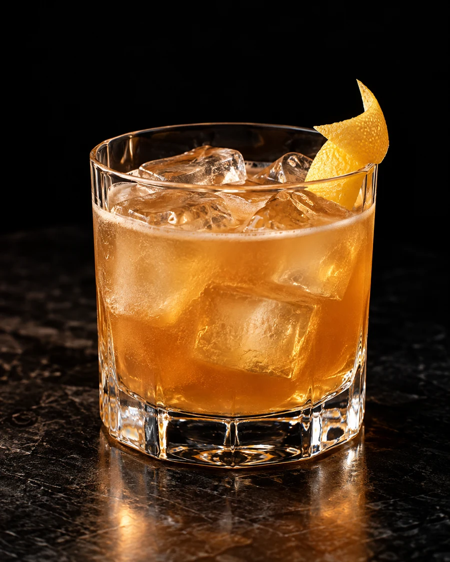 Brave Companion. Rocks glass with cubed ice, amber bourbon/cacao citrus body and lemon peel.