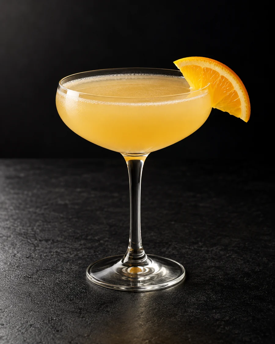 Light golden Breakfast Martini in a coupe with an orange wedge, no serving ice.