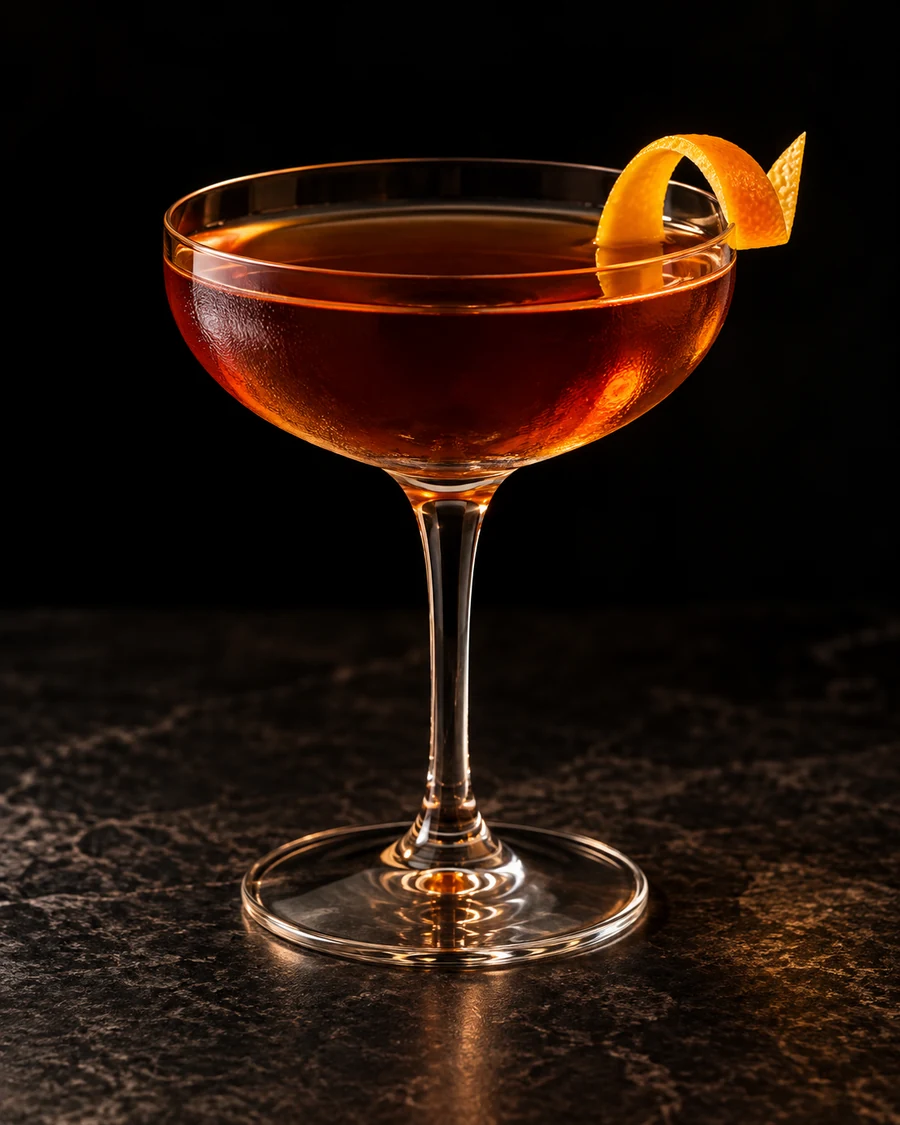 Broadway Nights: Clear amber-brown drink in coupe, orange twist and no ice.
