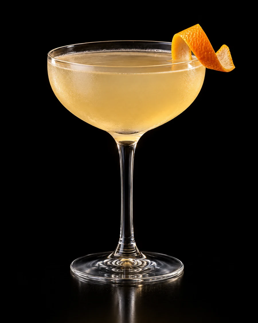 Broken Wings: Pale cloudy golden cocktail in a coupe with an orange twist, served without ice against a black background.