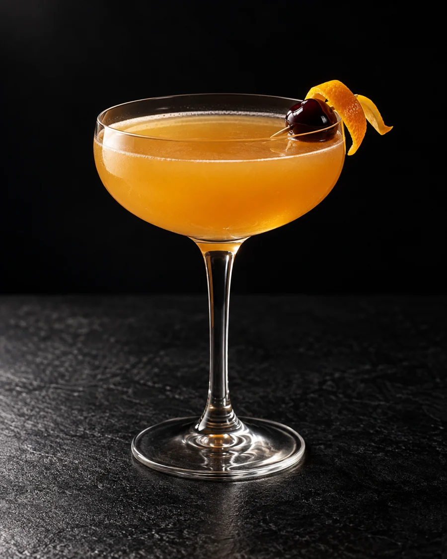 Cloudy orange-gold Bronx in a coupe, cherry and orange twist, no ice.