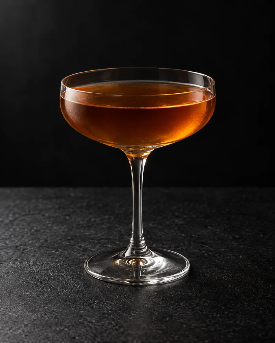 Clear medium amber cocktail in a coupe, no serving ice and no garnish.