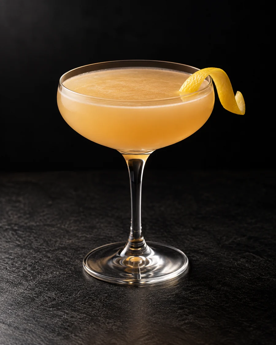 Opaque pale golden-peach cocktail in a coupe, no ice, lemon peel garnish.