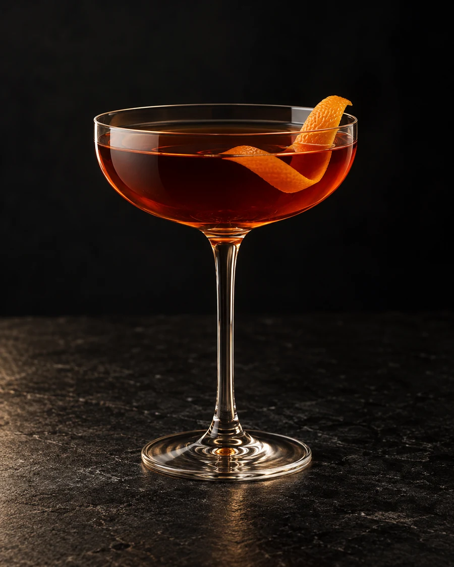 Bully Pulpit in a chilled coupe, served without ice, with orange twist, against a black background.