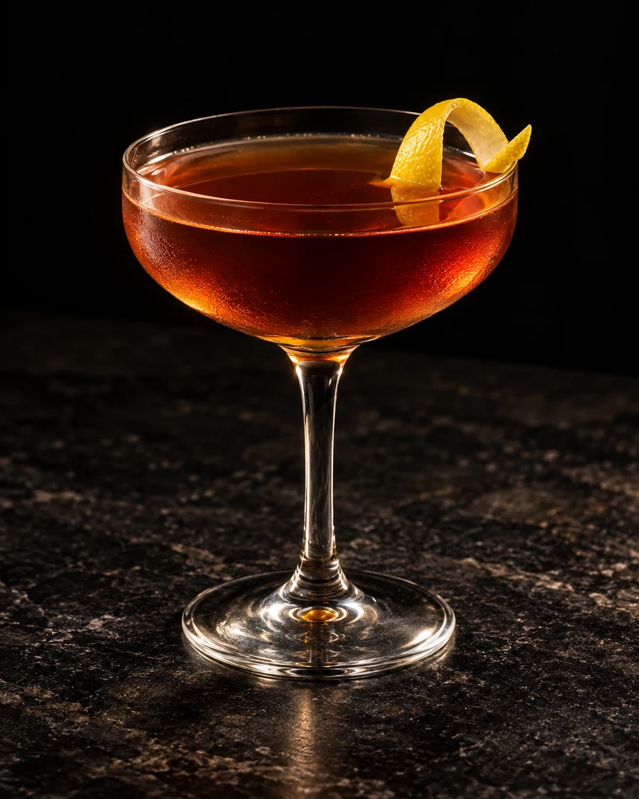 Burdick's Cocktail: Clear reddish-amber cocktail in a chilled coupe without ice, with a lemon twist.