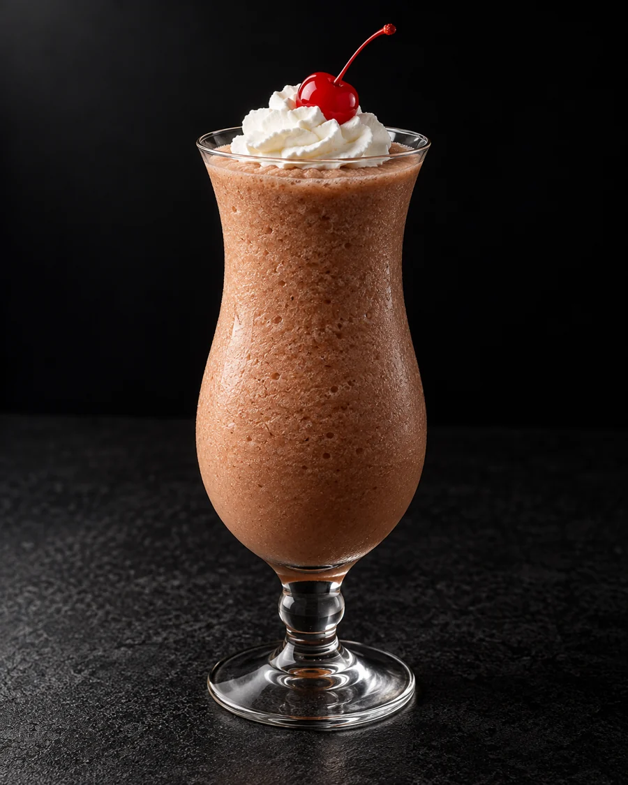Frozen medium cocoa-brown Bushwacker in a hurricane glass, small whipped-cream top and red cocktail cherry.