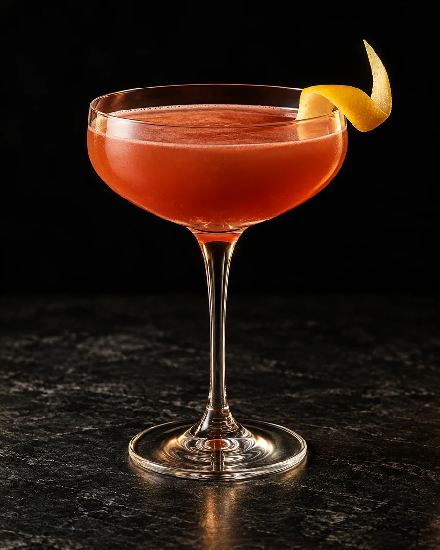 Byrrh Special in a coupe, served without ice, garnished with lemon peel, against a black background.