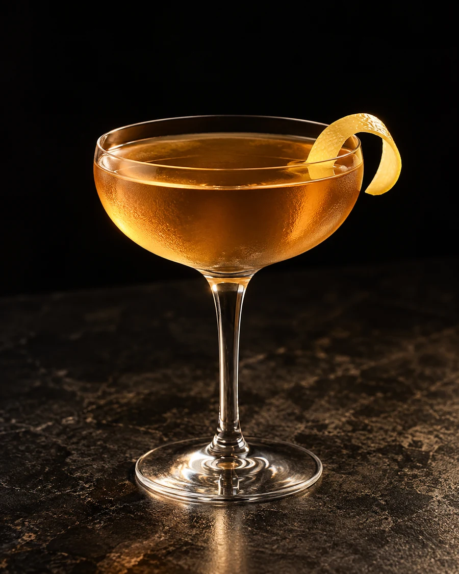 Caballero Del Mar: Golden amber cocktail in a chilled coupe without ice, with a lemon twist.