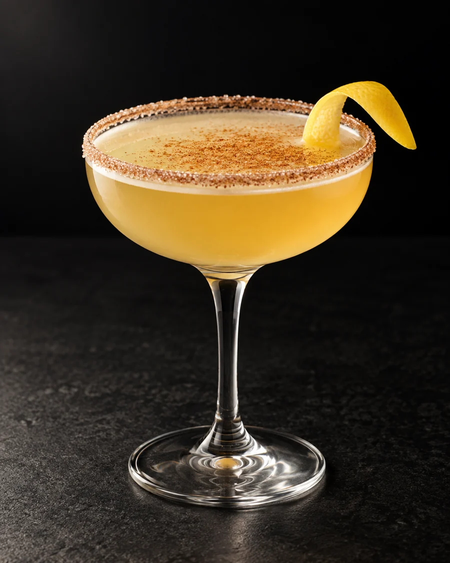 pale golden Cable Car in a coupe with thin cinnamon-sugar rim, lemon twist and light cinnamon dusting, no ice.