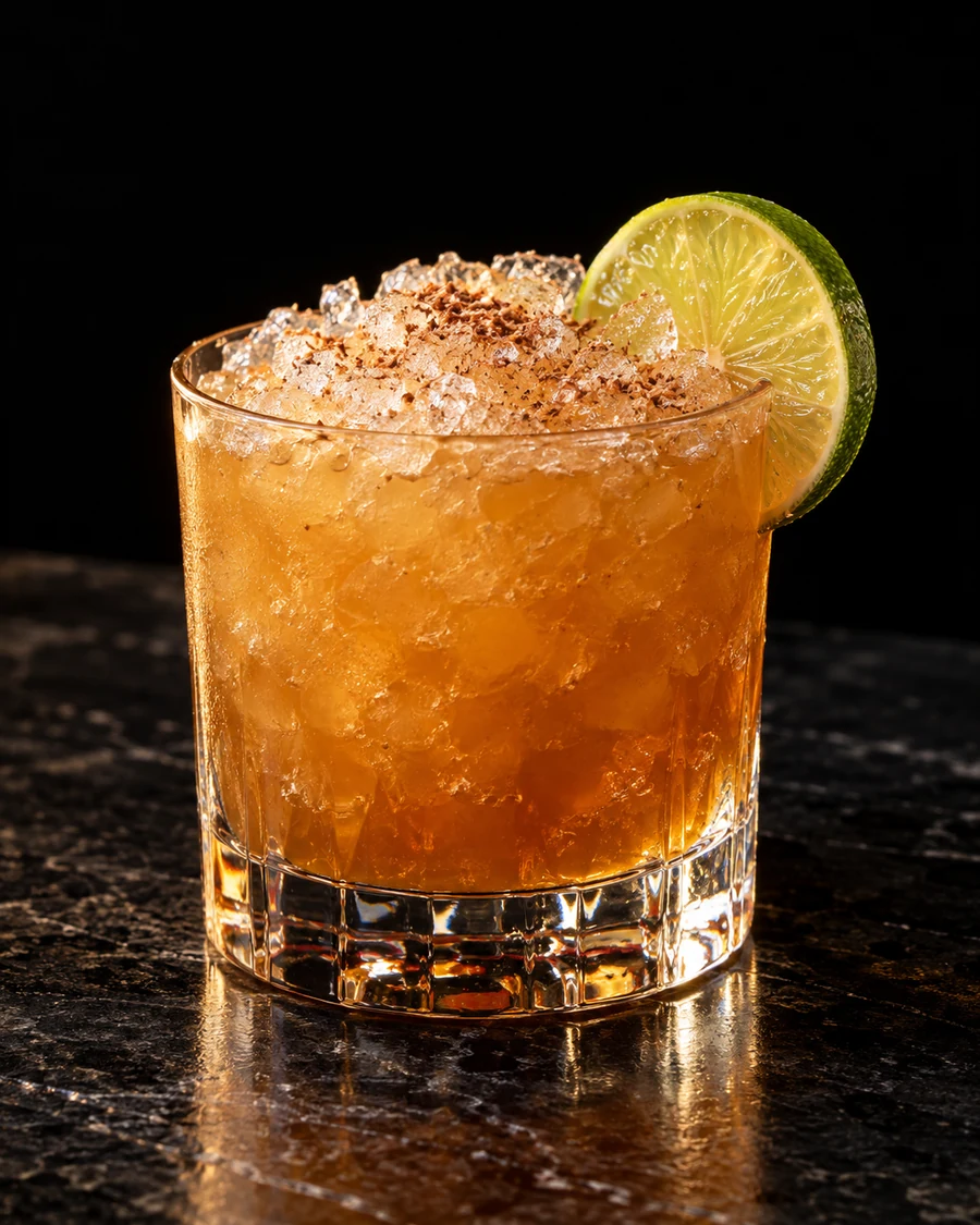 Café du Soleil. Rocks glass with an amber passionfruit-coffee rum drink, crushed ice, grated nutmeg and a lime wheel.