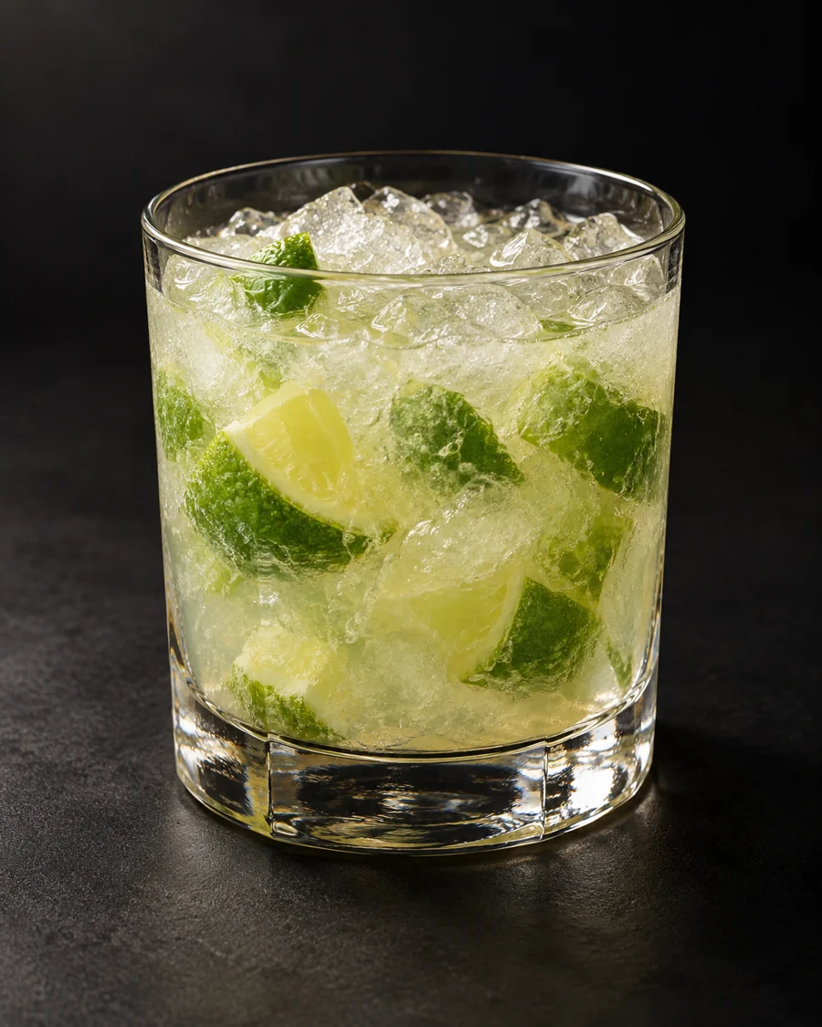 Caipirinha served in a rocks glass against a black background.
