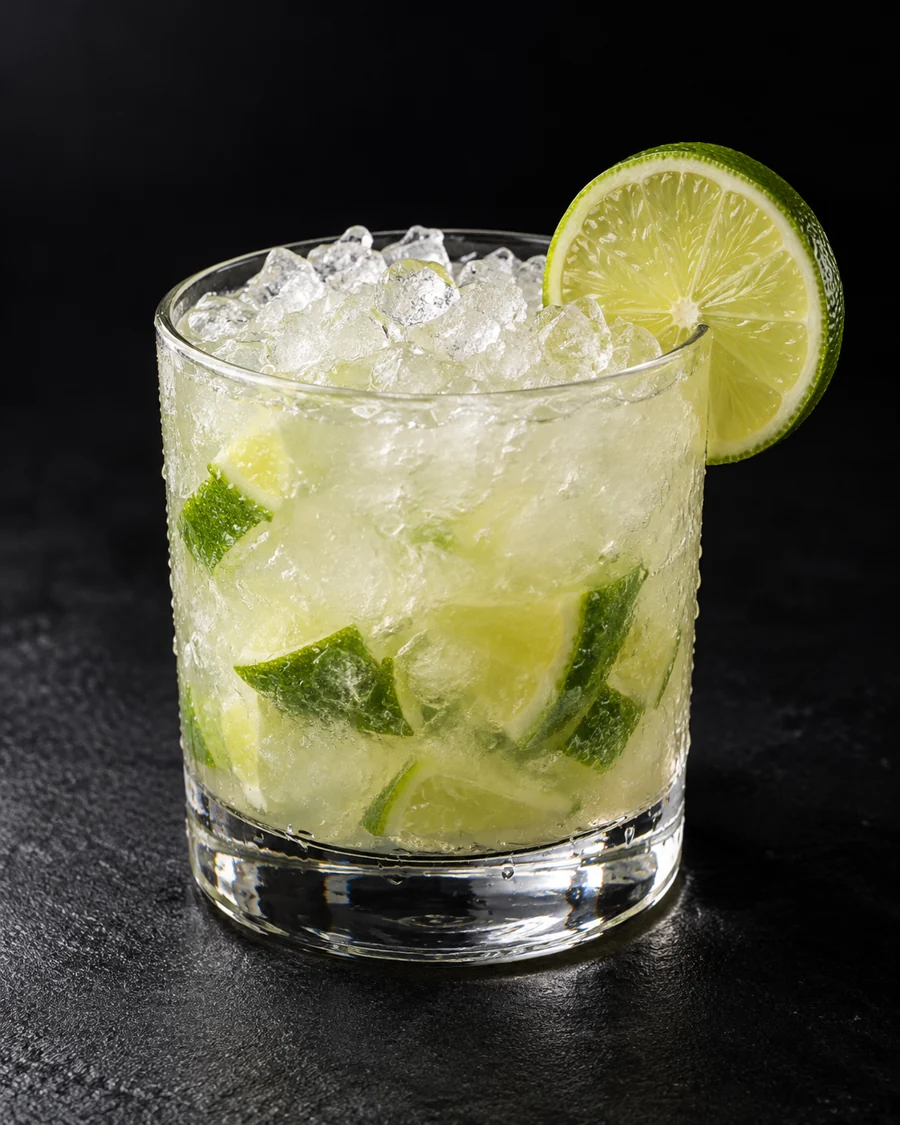Pale cloudy Caipiroska in a rocks glass packed with crushed ice and muddled lime pieces, lime wheel garnish.