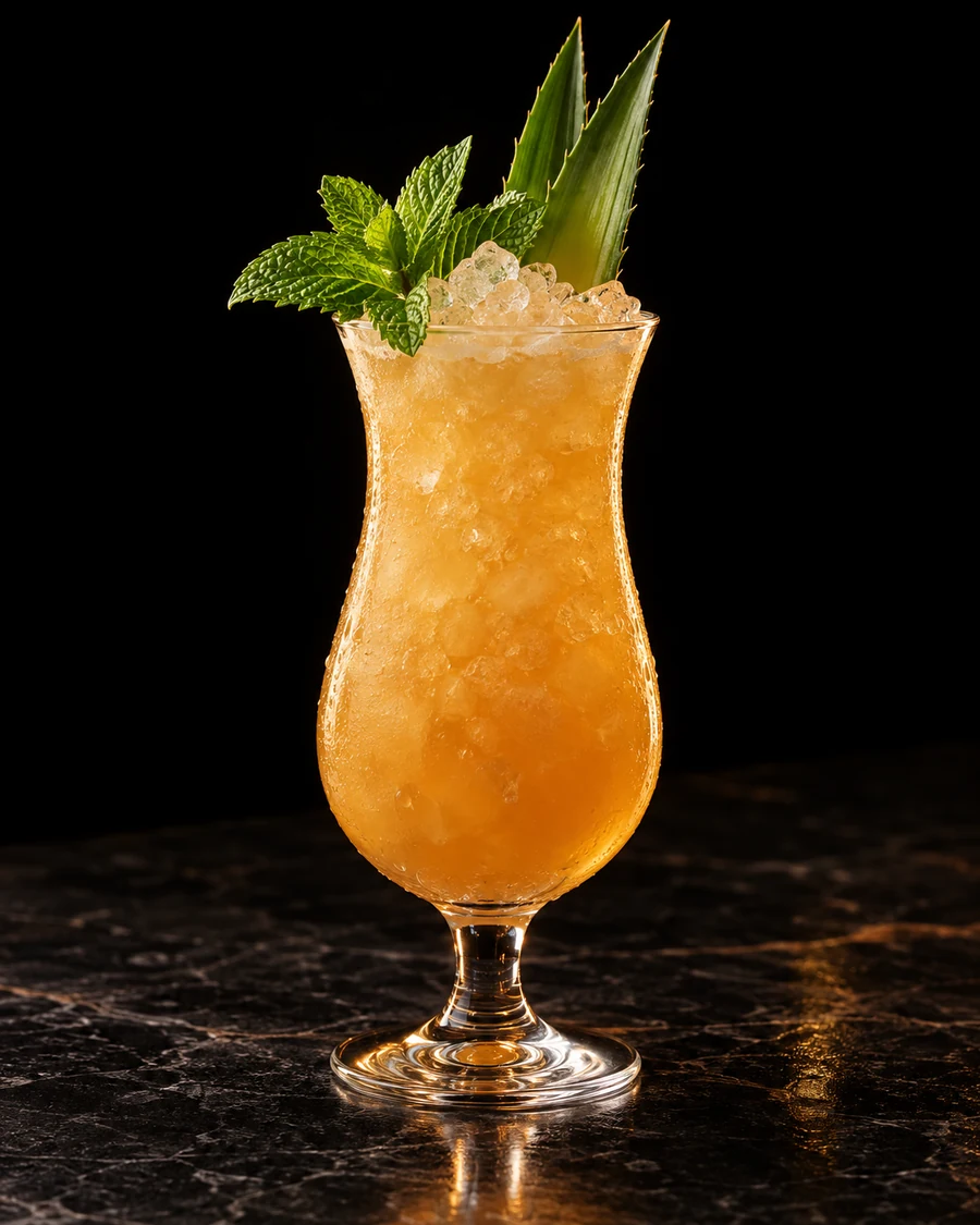 Call Me Before The Storm. Hurricane glass, fresh crushed ice, amber-gold tropical body, mint sprig and pineapple frond.