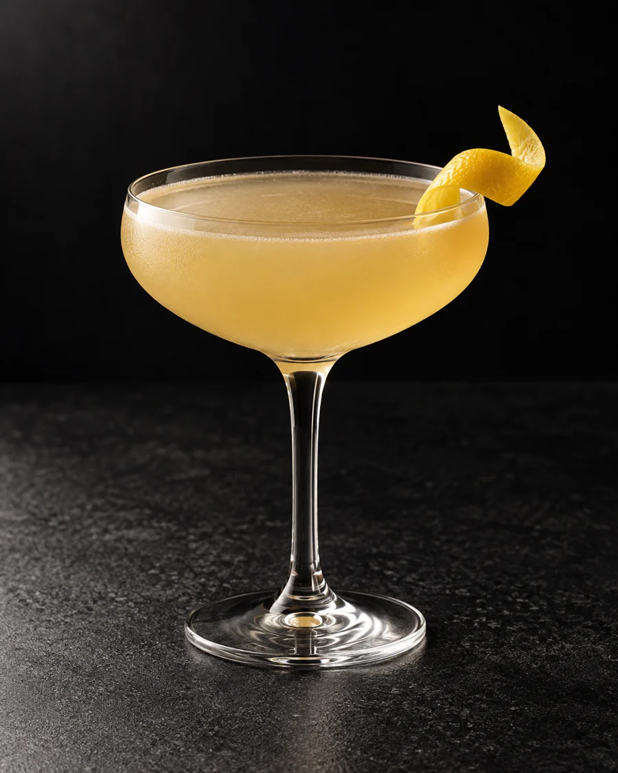 Pale cloudy golden cocktail in a coupe without ice, lemon peel garnish.