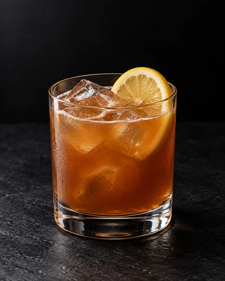 cloudy deep brown Campfire Sour in a rocks glass over ice with lemon wheel.