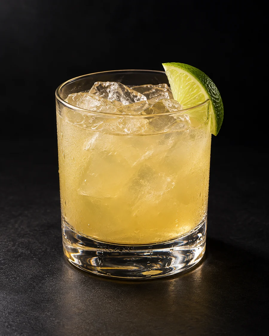 Canchanchara served in a rocks glass with a lime wedge against a black background.