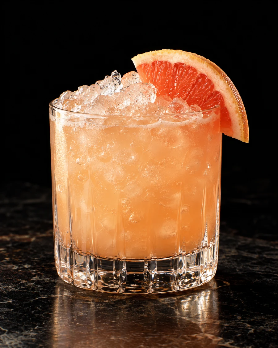 Candela. Rocks glass, crushed ice, cloudy pale pink grapefruit body and grapefruit slice.