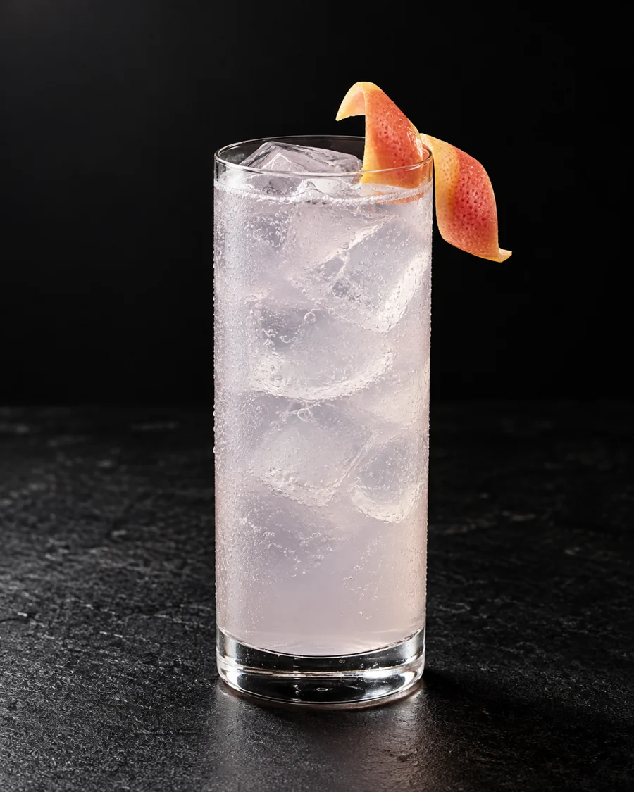 very pale lavender-straw Canne Collins over ice in a Collins glass with grapefruit twist.