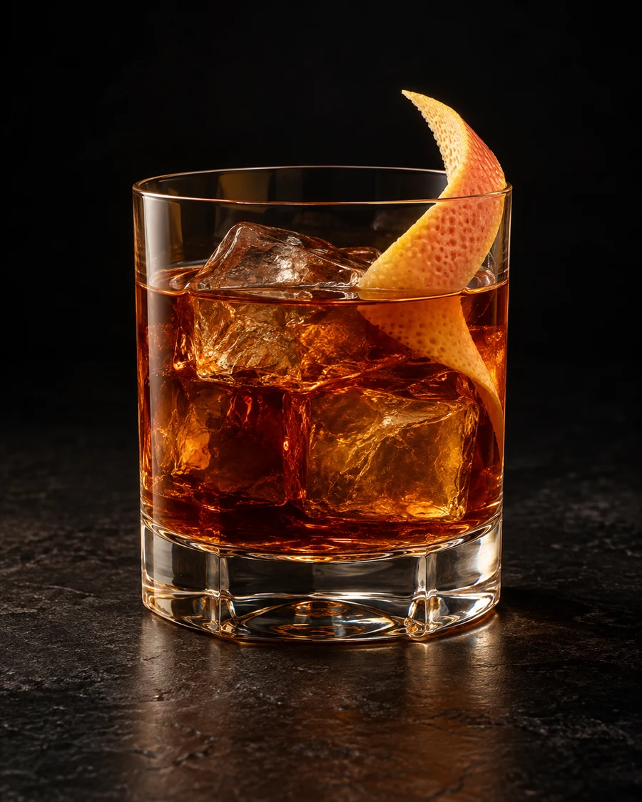 Cannibal Cove in a rocks glass, over fresh ice cubes, with grapefruit twist, against a black background.