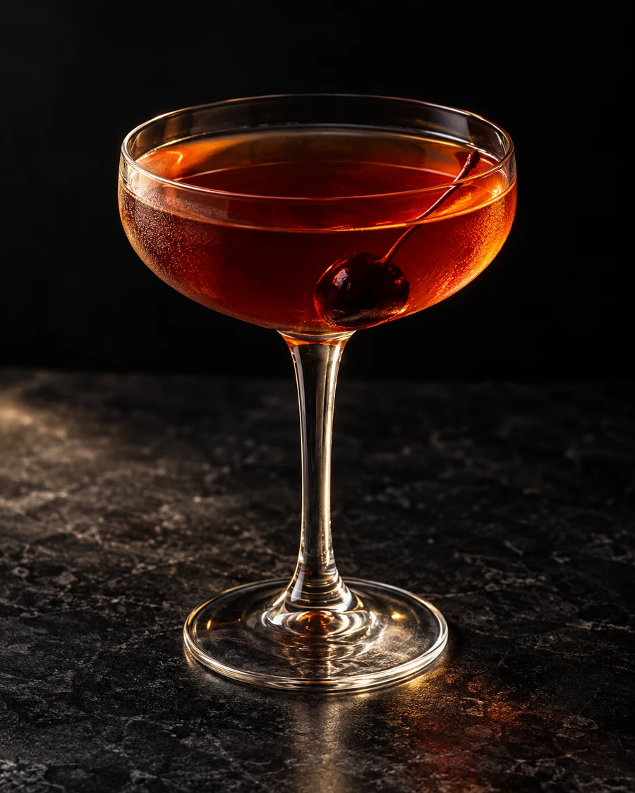 Canongate: Deep amber-red drink in a coupe with a cherry and no serving ice.
