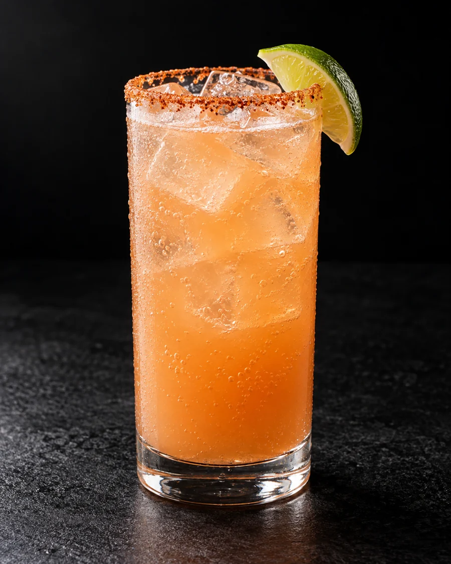 Cloudy peach-orange Cantarito over ice in a highball with chili-lime rim and lime wedge.