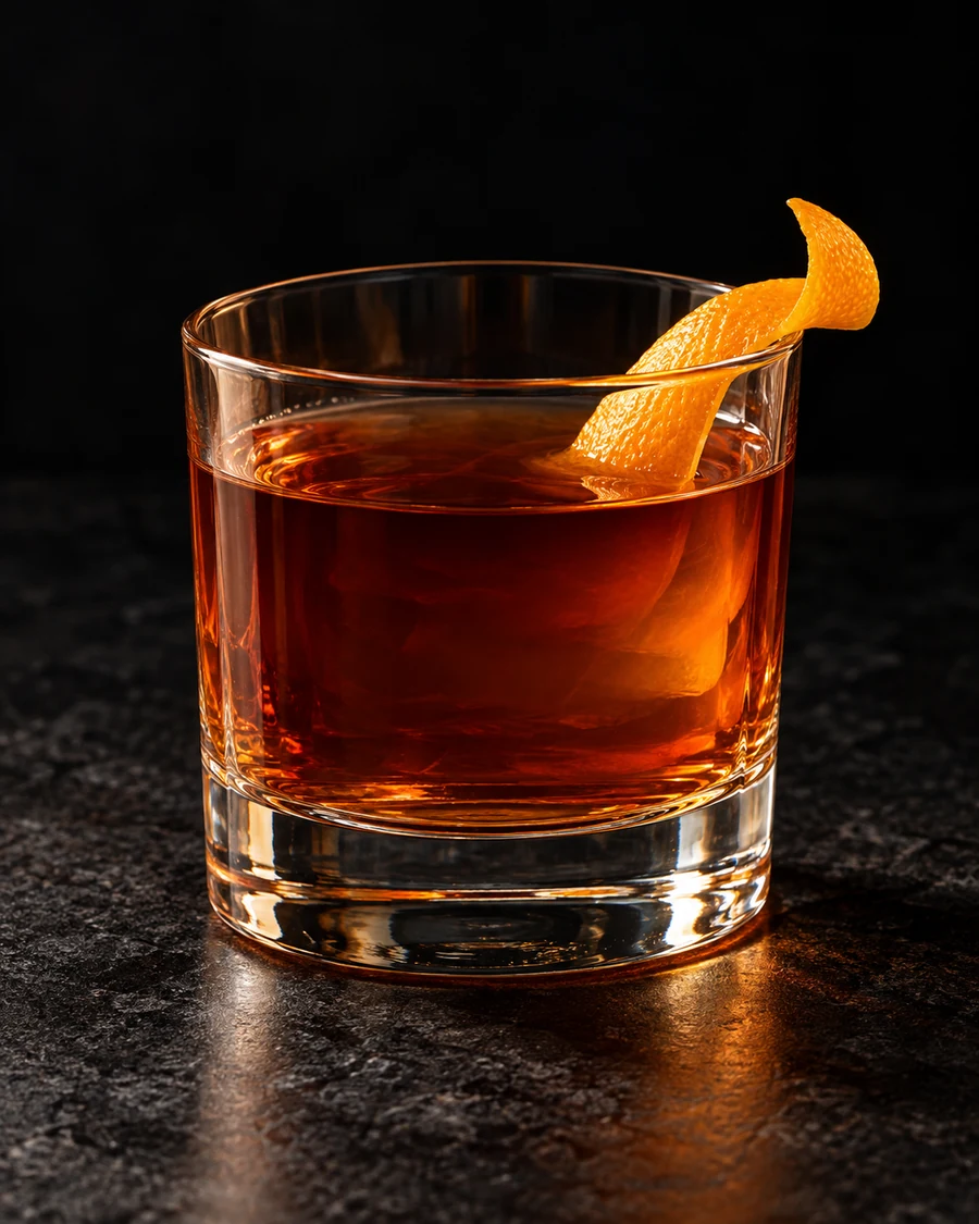 Cantinflas Mustache: Brown drink in rocks glass, orange twist and no serving ice.