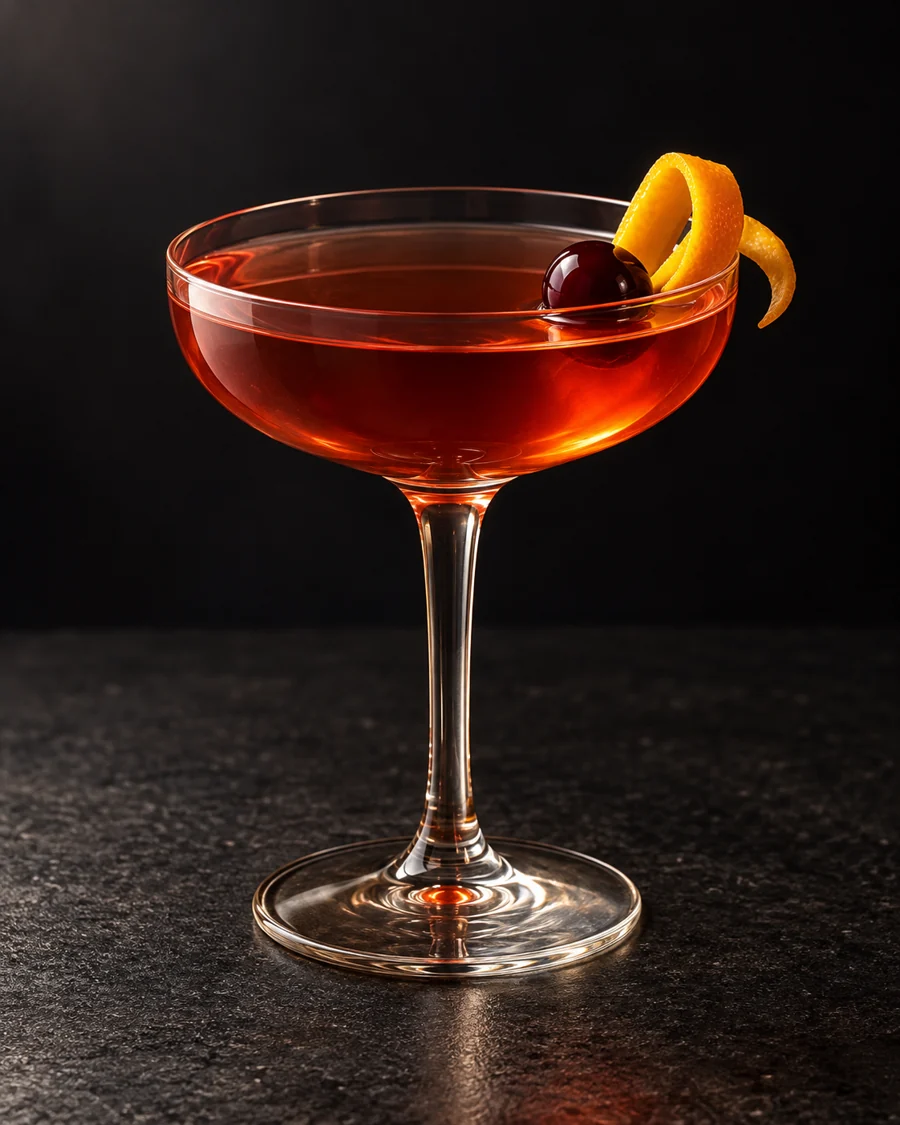 clear pale amber-red Canton in a coupe with cherry and orange twist, no ice.