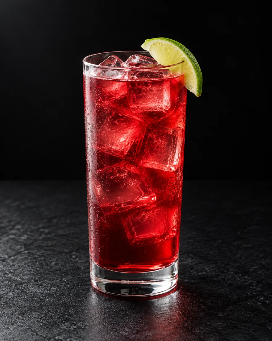 Deep red Cape Codder in a highball over ice, with a lime wedge.