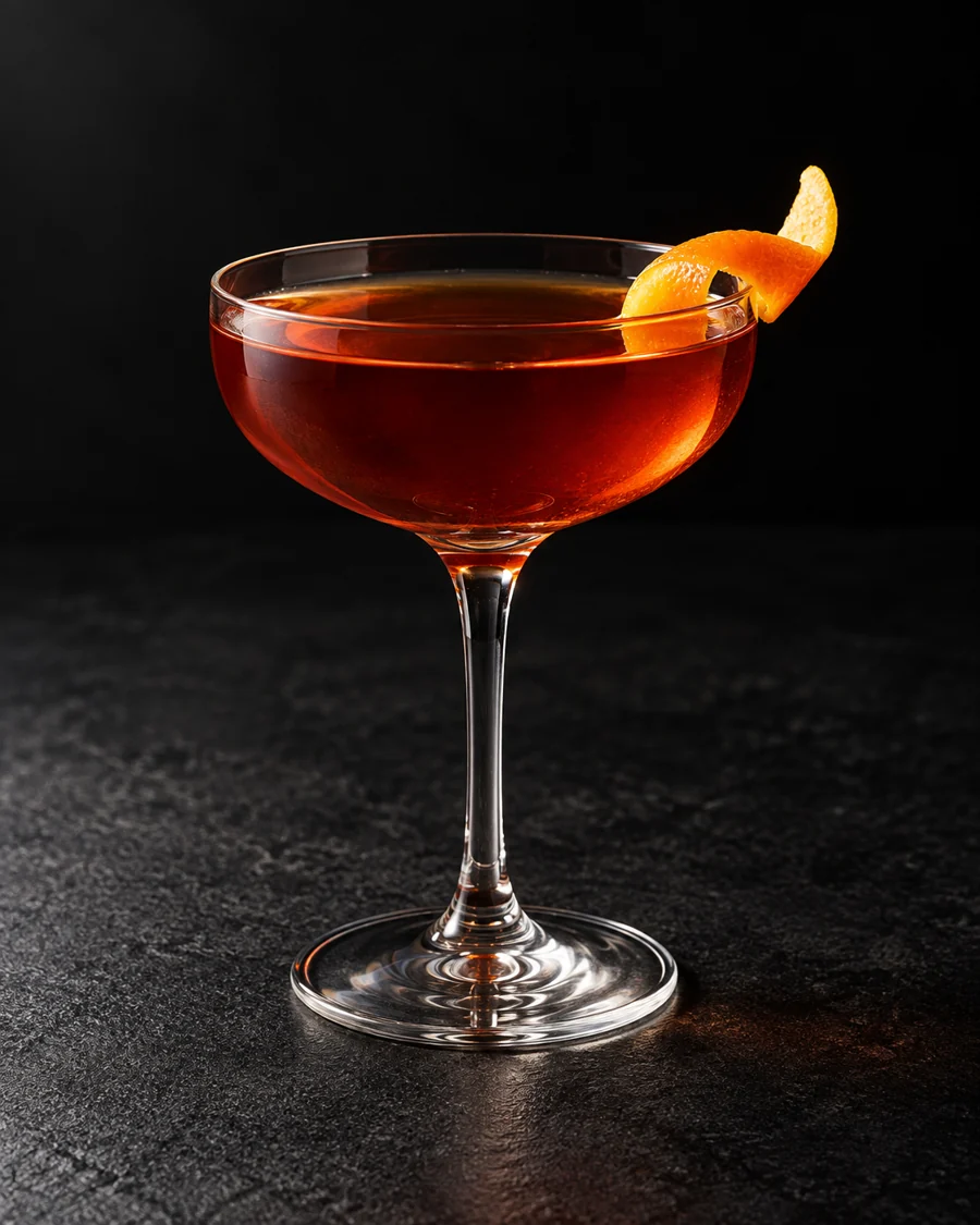 Clear amber-red Capitán in a coupe, orange twist, no ice.