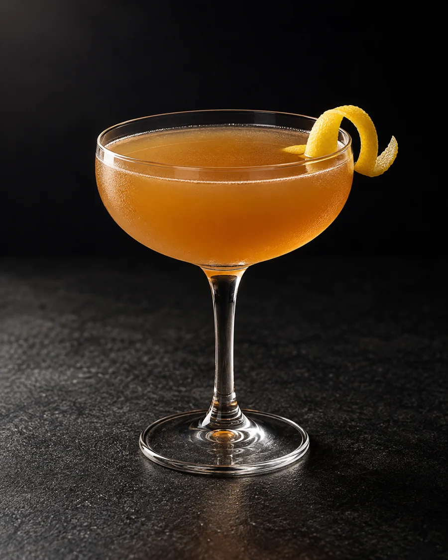 cloudy light amber Captain’s Blood in a small coupe with a lemon spiral, no ice.