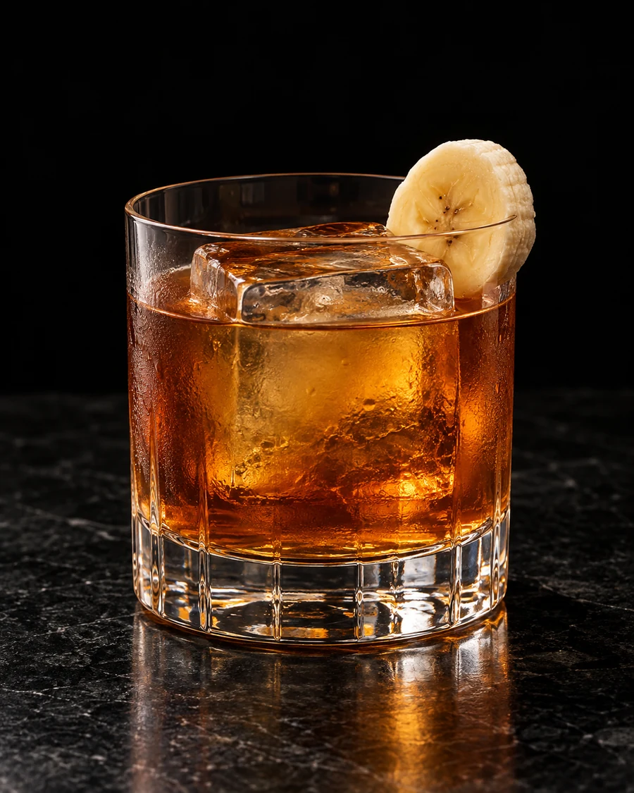 Caramelized Fig & Banana Old Fashioned. Rocks glass, clear amber drink over one large ice cube, plain fresh banana slice without caramelization.