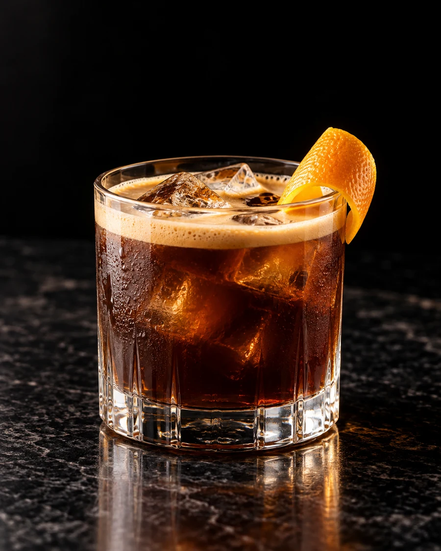 Caramelized Fig Carajillo. Rocks glass, dark brown espresso body, cubed serving ice, thin tan crema and orange peel.