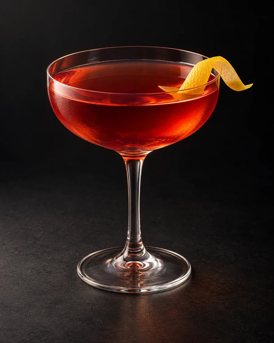 Cardinale served in a coupe glass with a lemon twist against a black background.