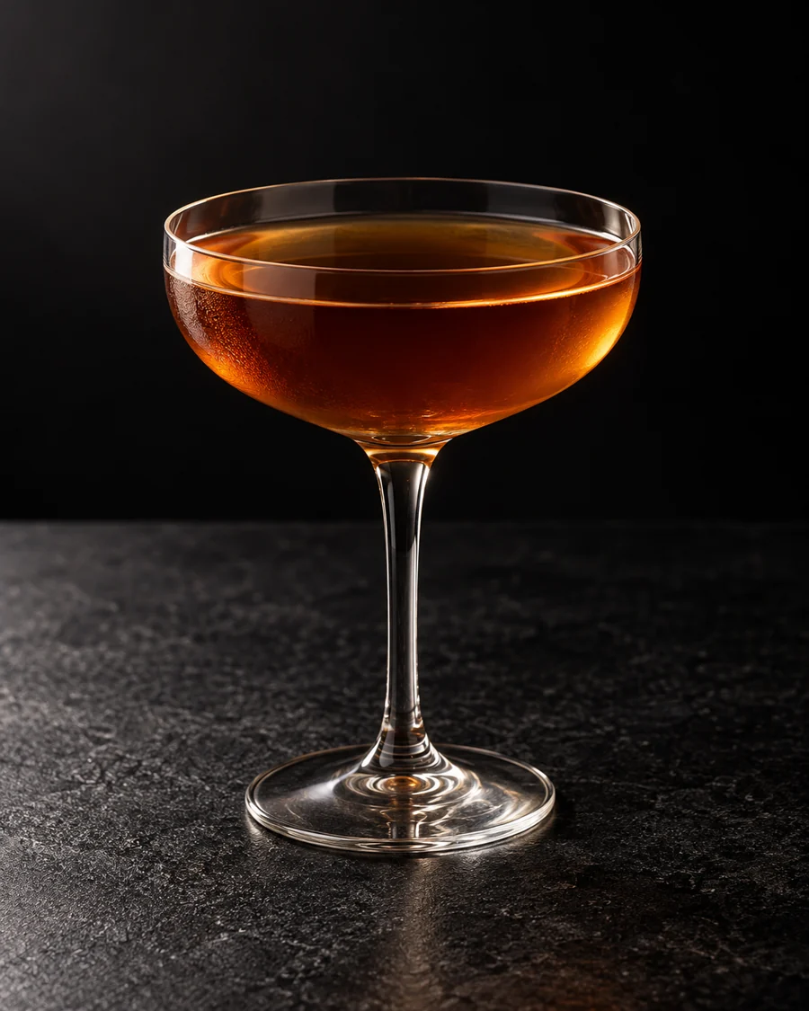 clear amber Careful Whisper in a coupe without ice or garnish.